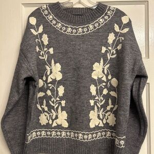 NWOT Christina Gray Sweater with White Floral Pattern